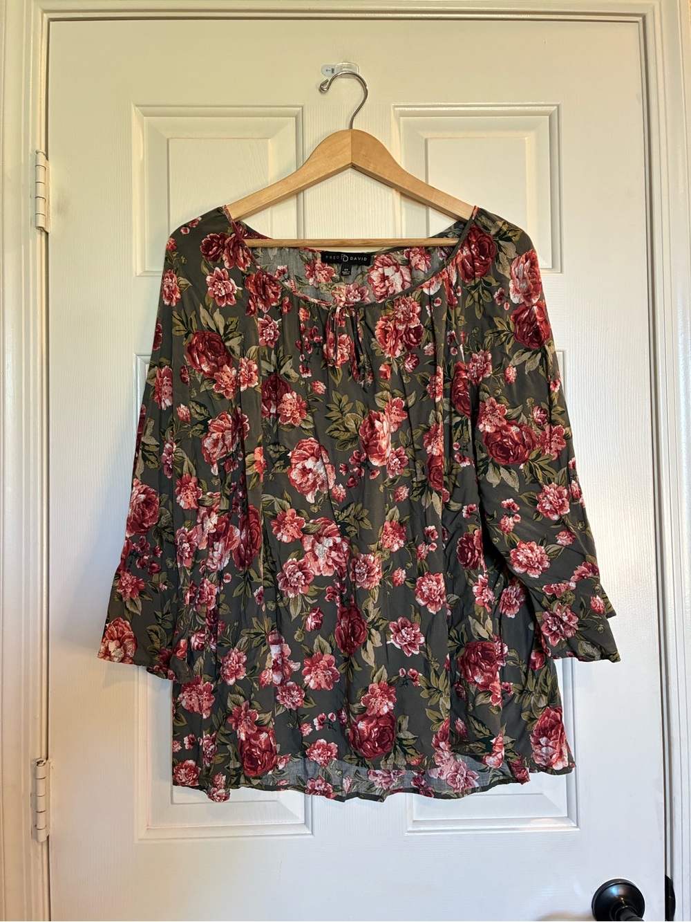 Fred David Olive Floral Tie-Neck Blouse with Rose Print